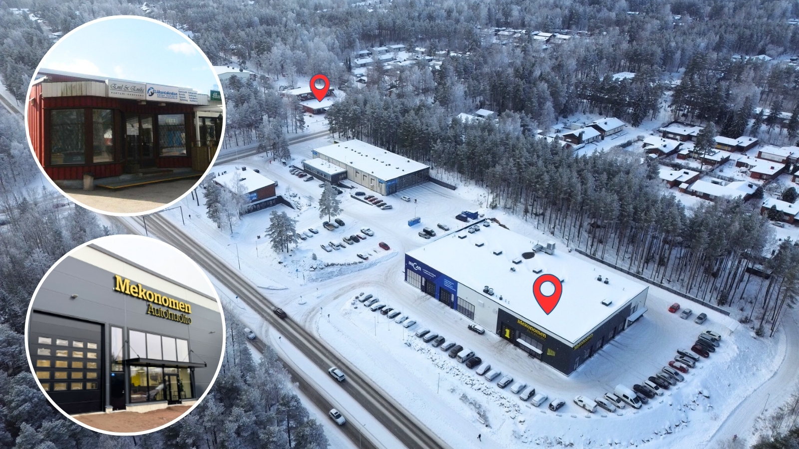 Ilmakuva, jossa näkyy Kotkan Autopesu sekä kassapisteet Mekonomen ja Kotkan Liikuntakeskus